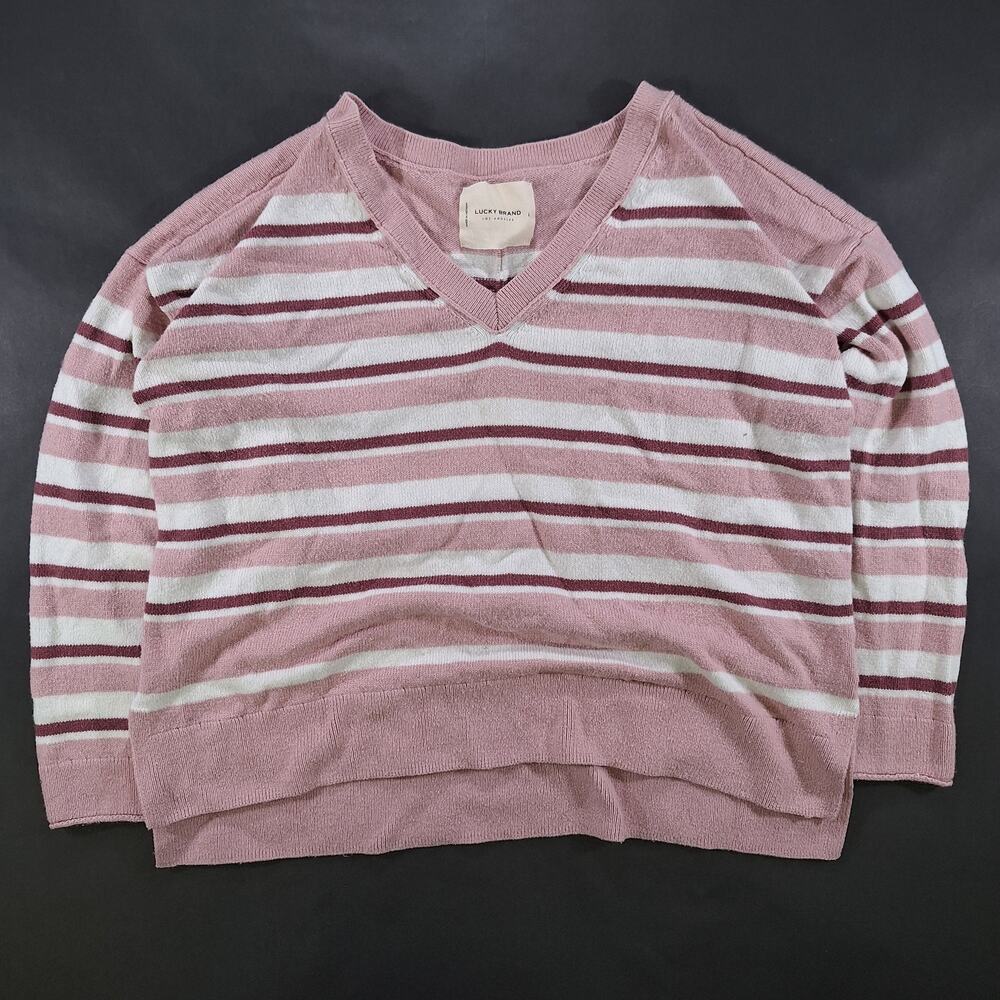 Lucky Brand Sweater Womens Large Pink Combo Striped V Neck Pullover Long Sleeve